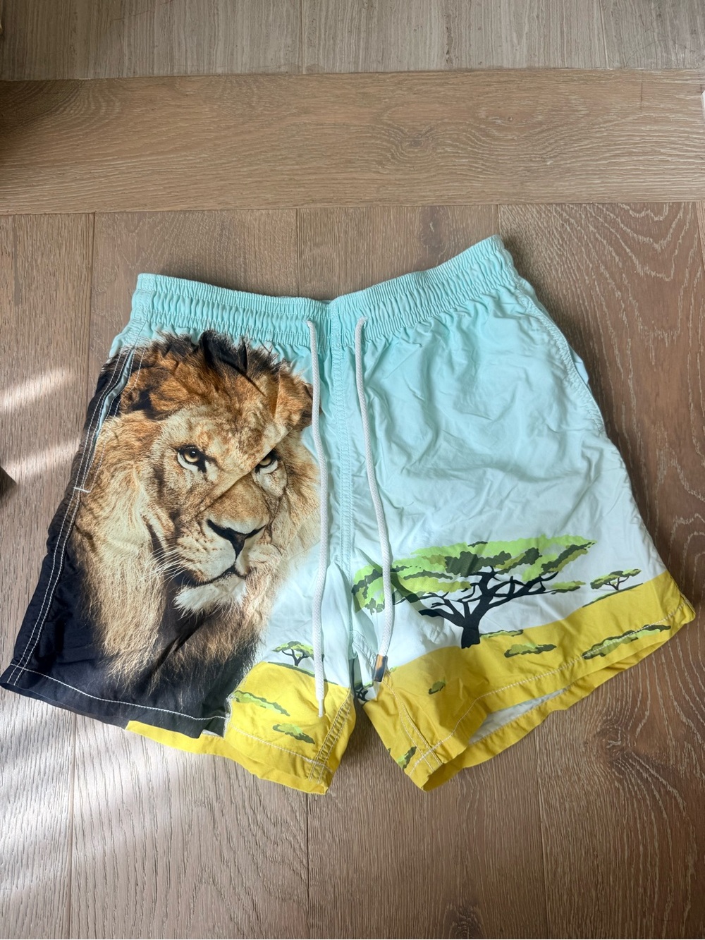 Vilebrequin Light Aqua & Yellow Lion Graphic Swim Trunks